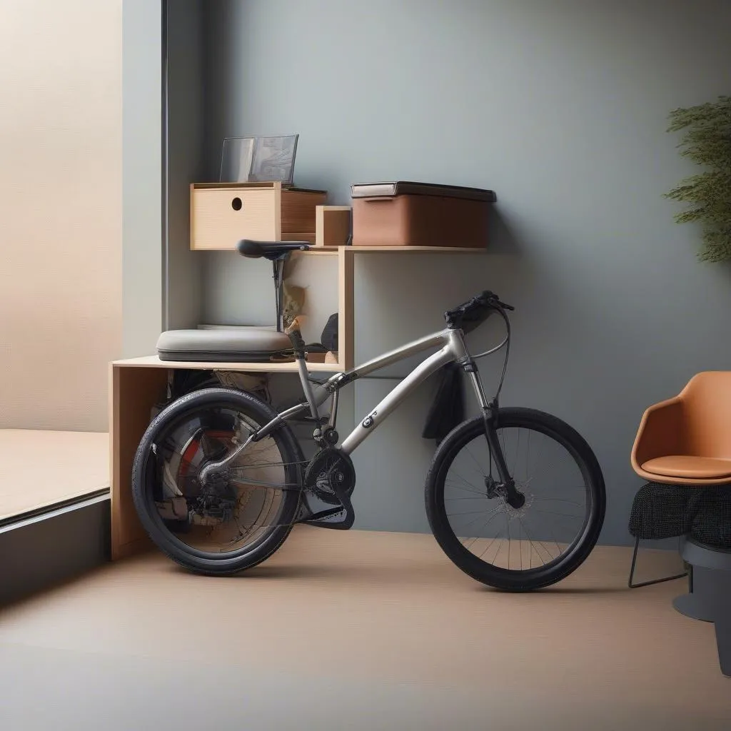 A compact folding BMW bicycle stored in a small apartment