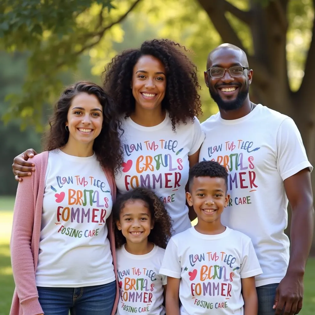 Family wearing matching foster care t-shirts