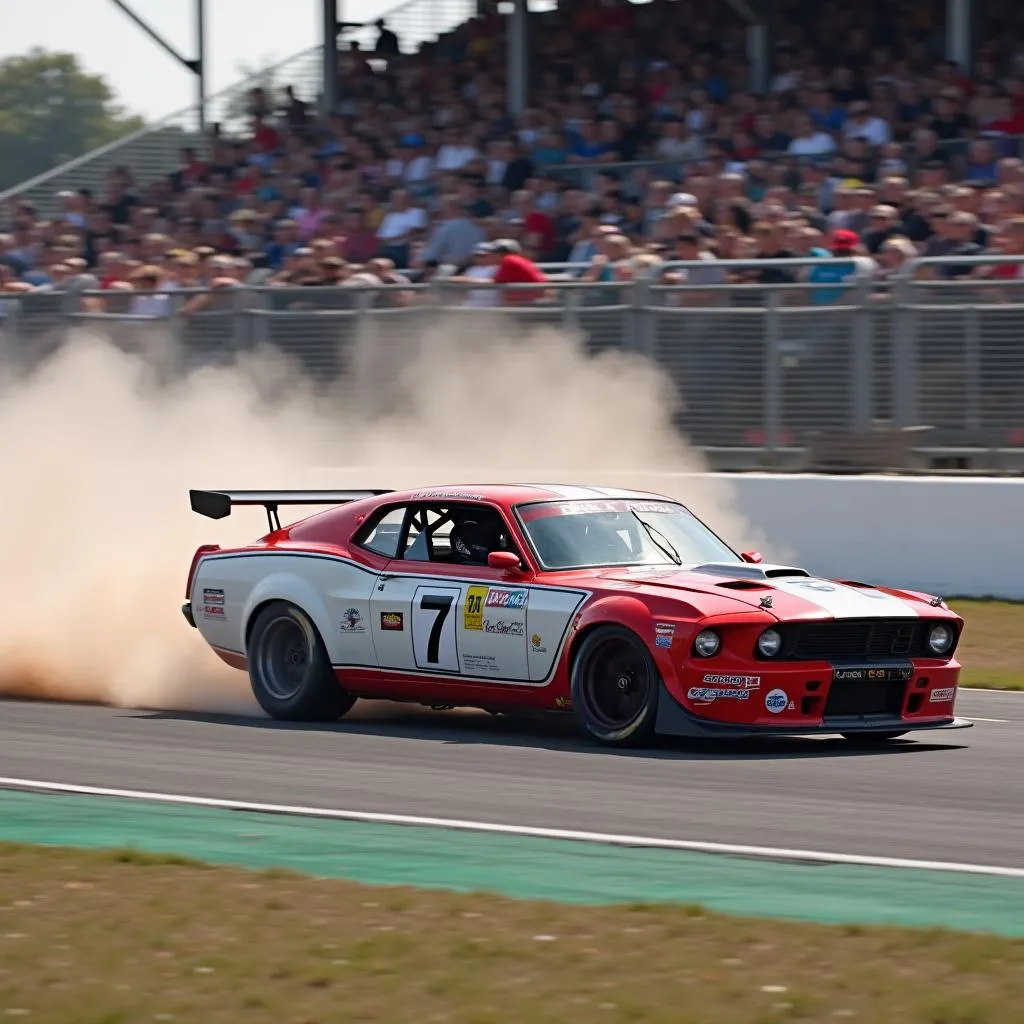 Red racing car speeding down a track