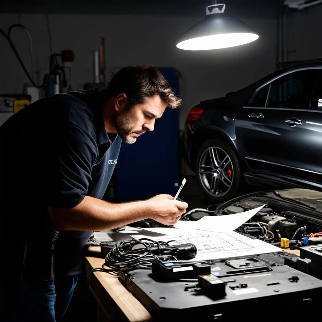 A frustrated mechanic struggles to diagnose a complex electrical issue in a late-model European car.