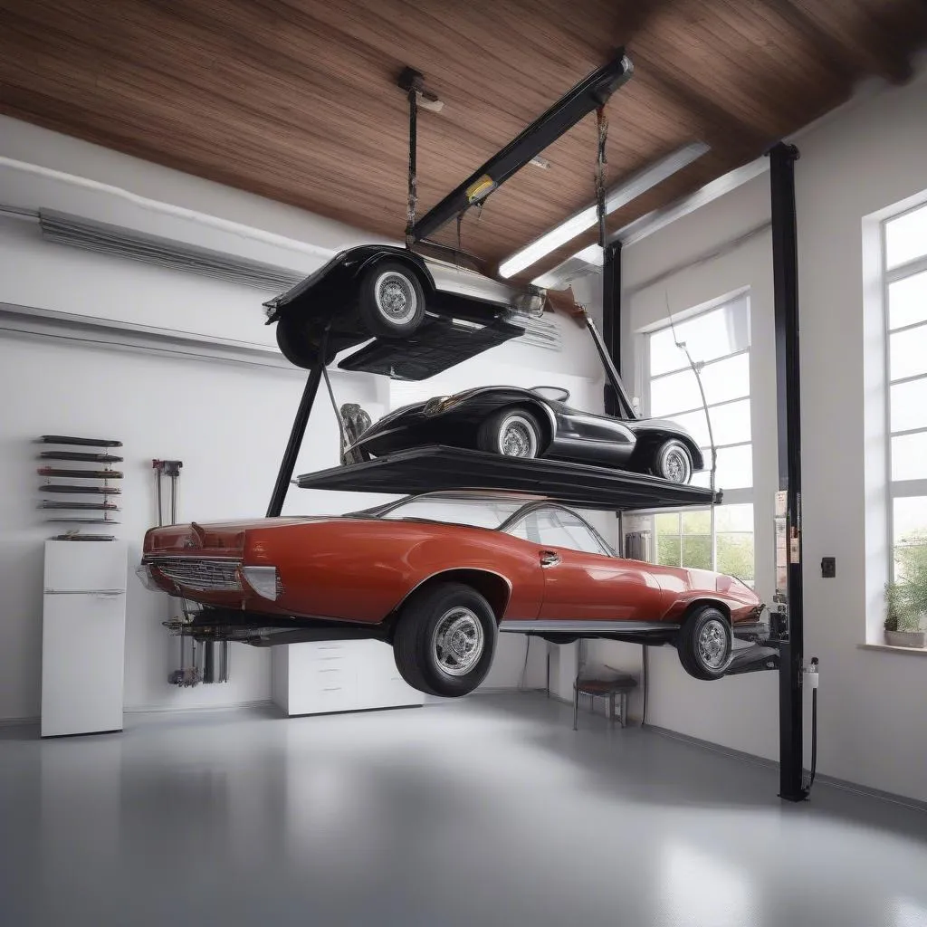 Classic car suspended from the ceiling in a garage