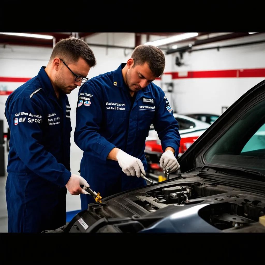 BMW mechanics working on a car