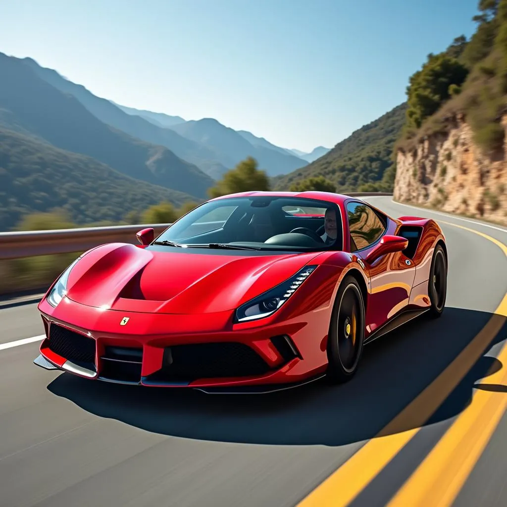 Gloss Red Ferrari 488 on Winding Road