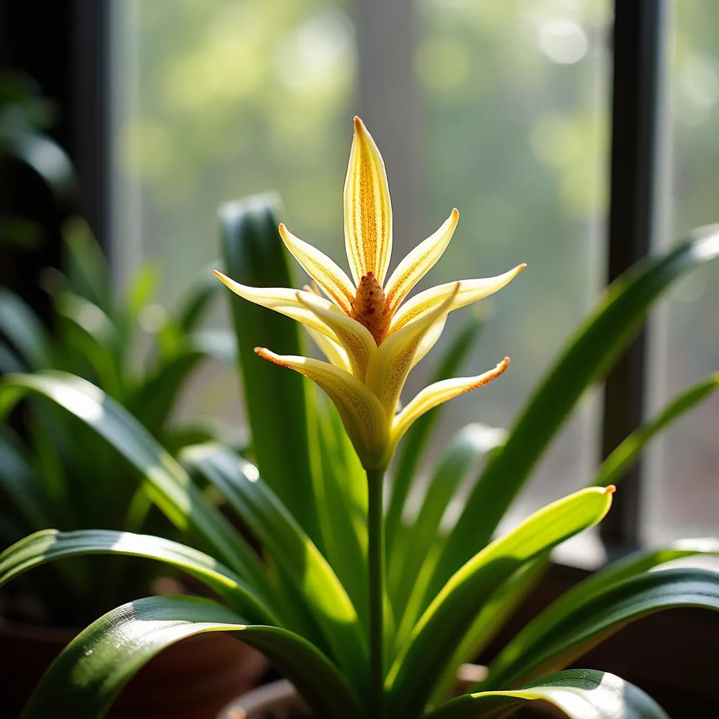 Grammatophyllum orchid basking in bright indirect light.