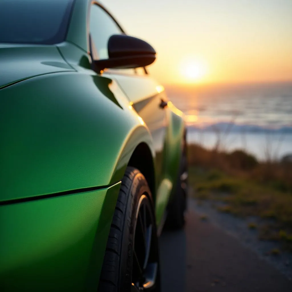 Green metallic car paint gleaming in the sunlight