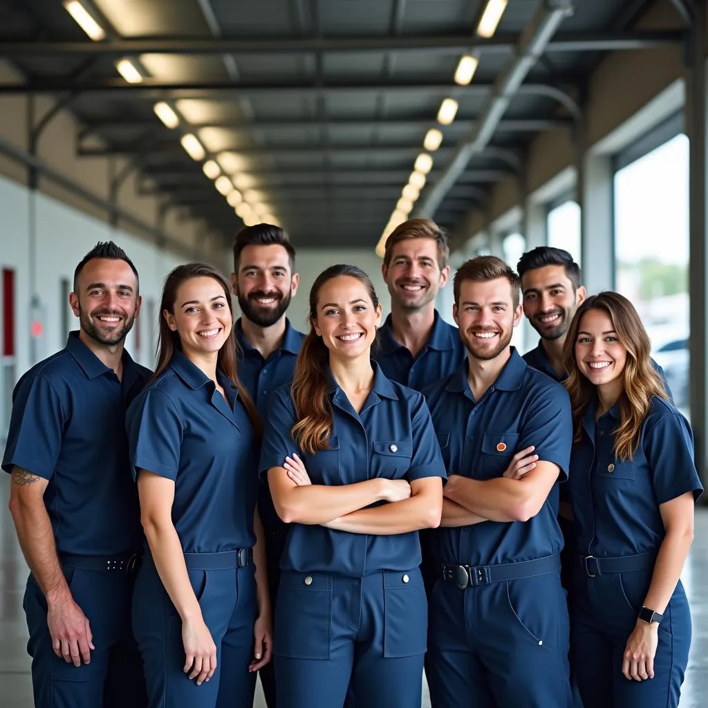 Smiling car wash employees pose together in front of their workplace