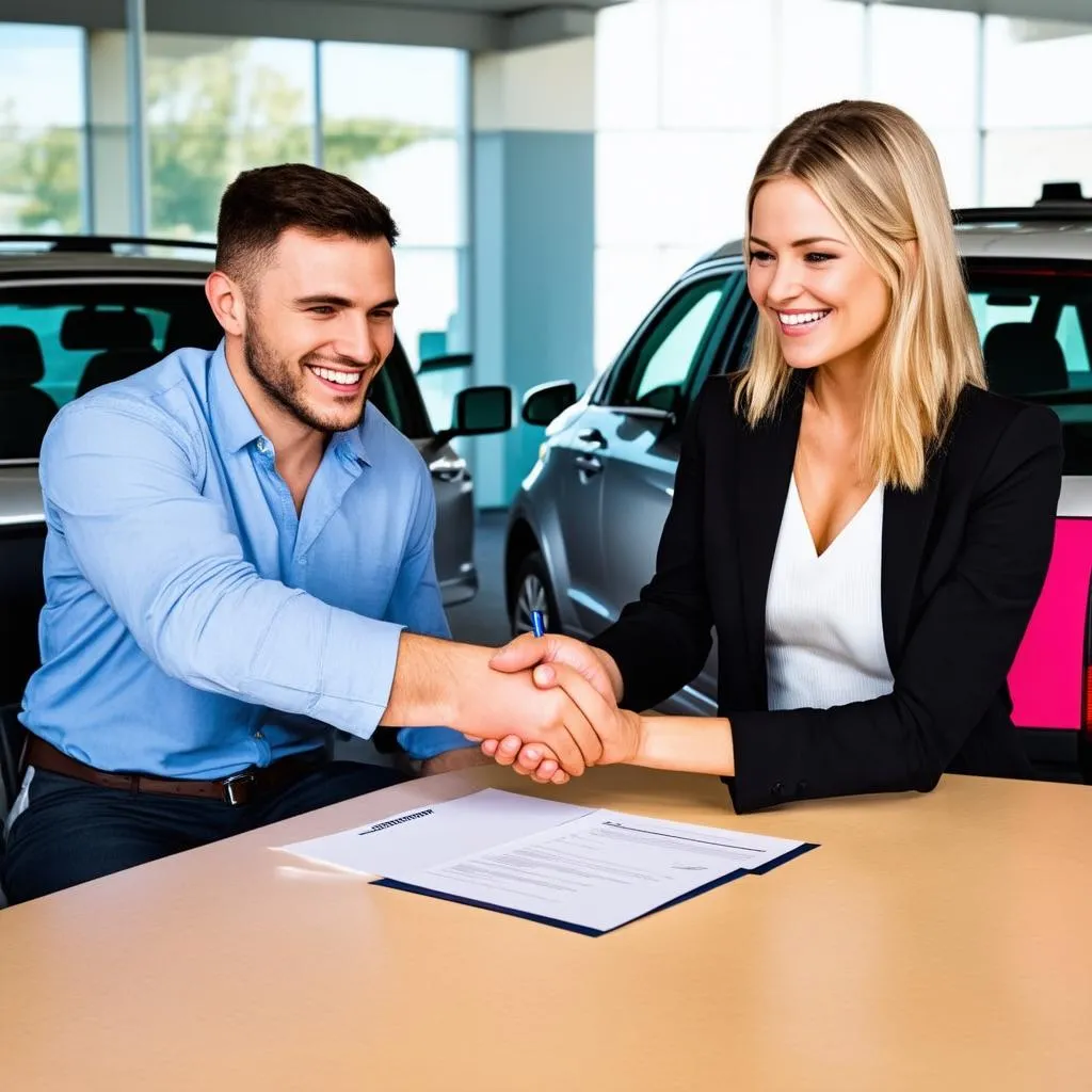 A happy couple signs the paperwork to buy a new car