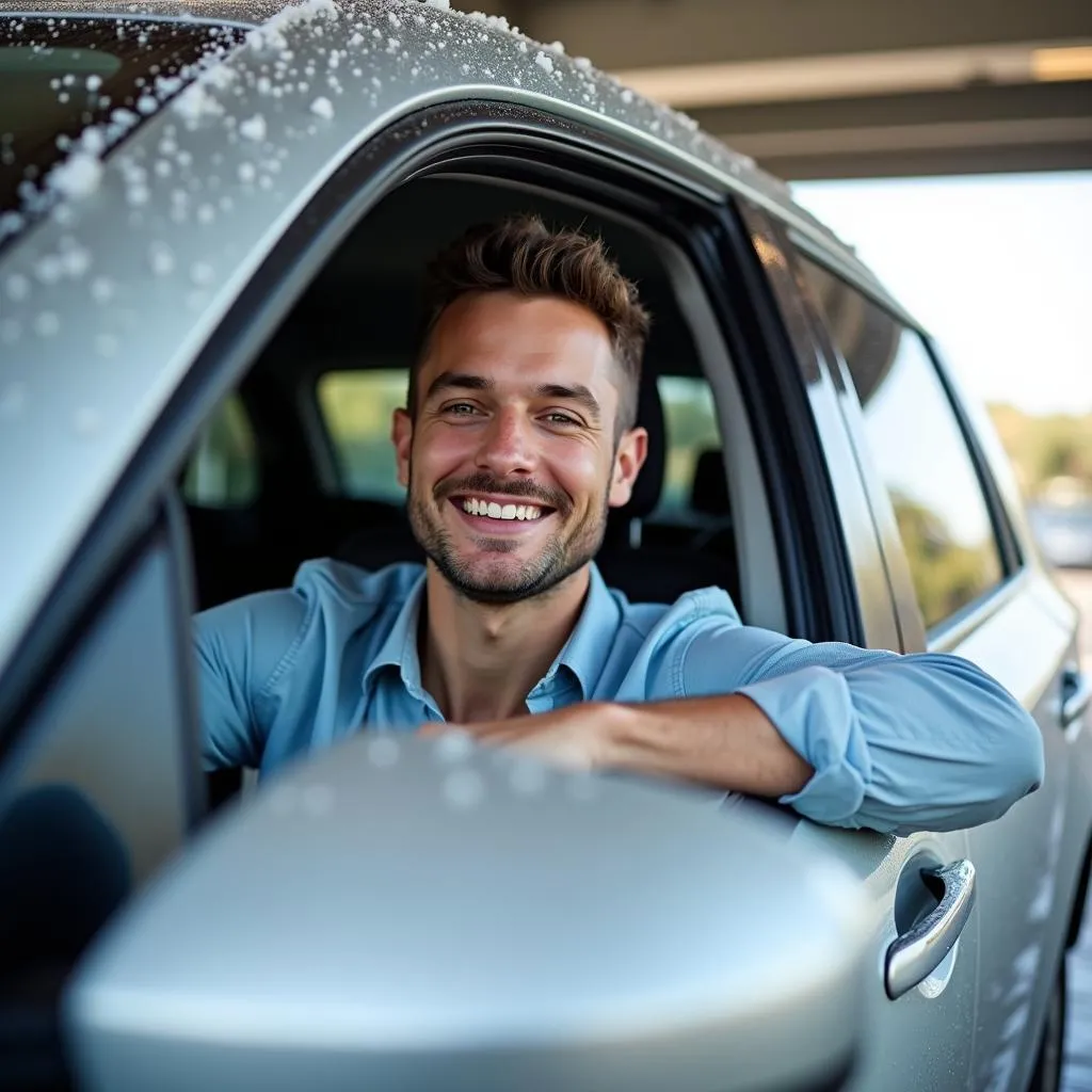 Smiling driver in a clean car leaving a car wash