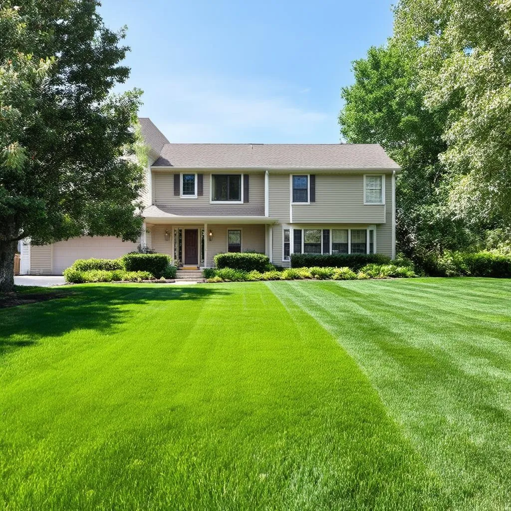 A lush, healthy green lawn in front of a house.