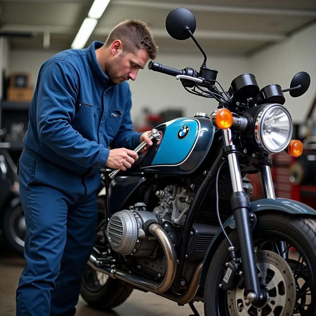 A mechanic inspects a used BMW 650 motorcycle