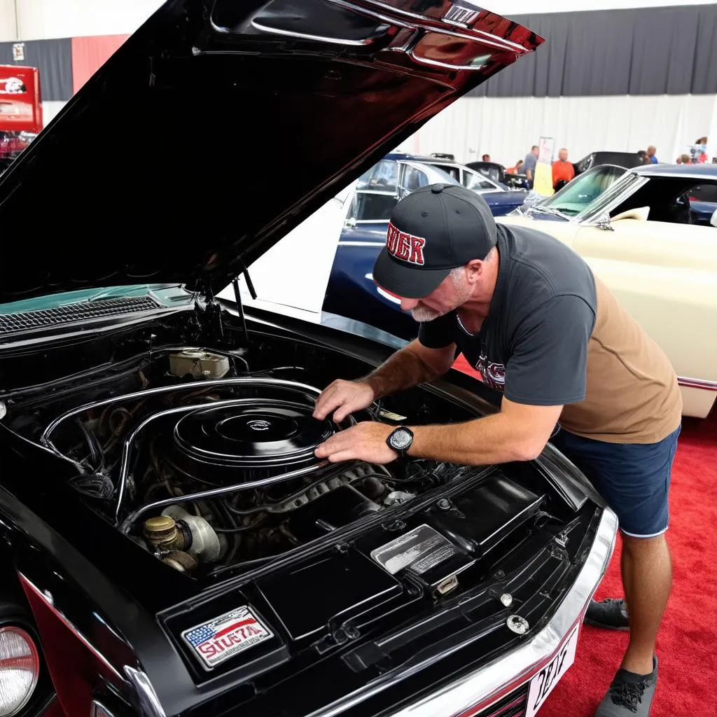 A car enthusiast admiring a classic car engine at an Invasion Car Show