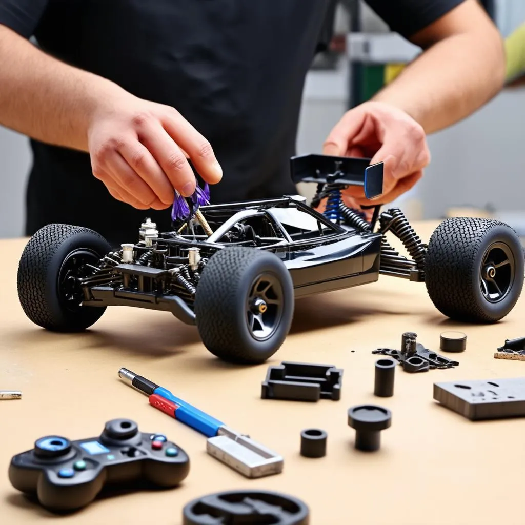 A person modifying an Iris One RC car on a workbench.