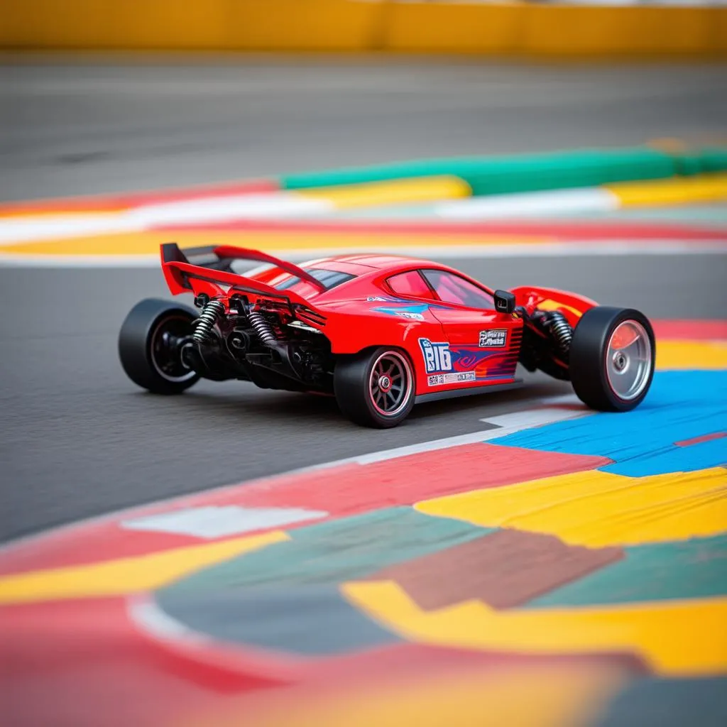 A red Iris One RC car speeding around a miniature race track.