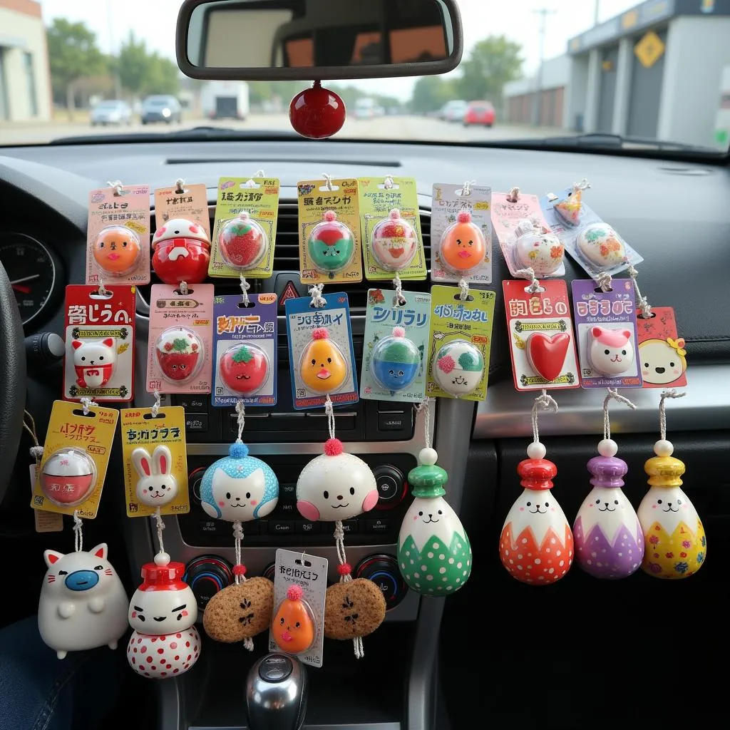 Various types of Japan car fresheners displayed on a car dashboard