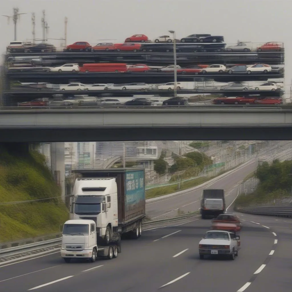 Japanese car hauler truck on highway