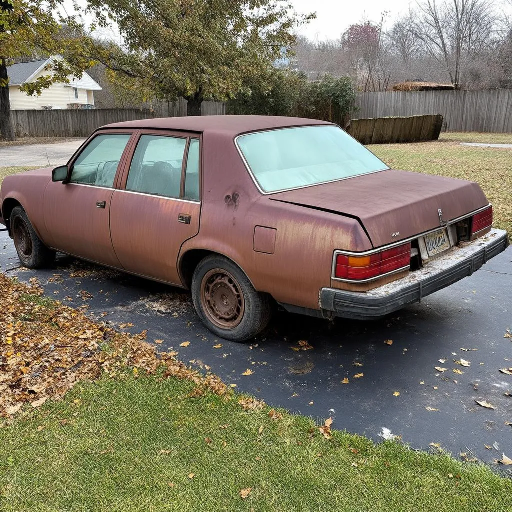 Old car parked in a driveway, covered in dirt and rust.