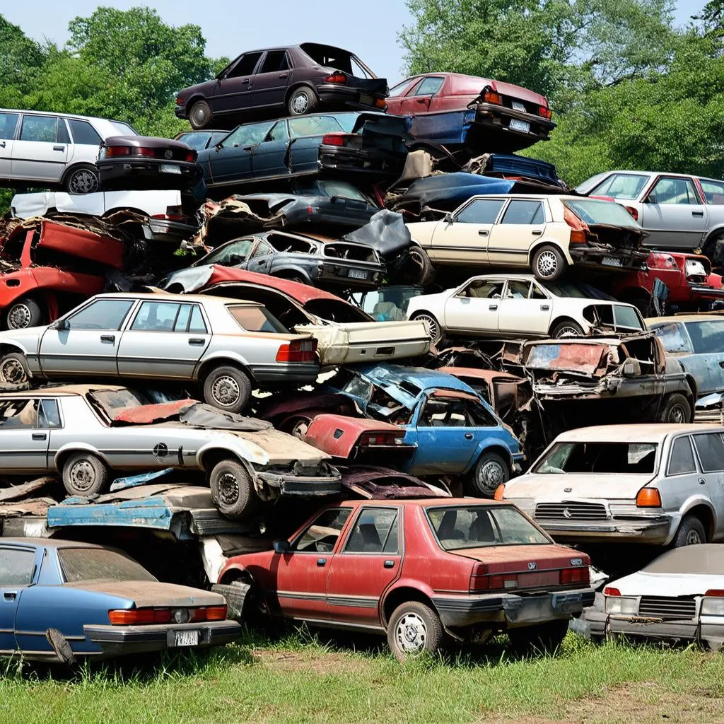 Stacks of old cars in a junkyard