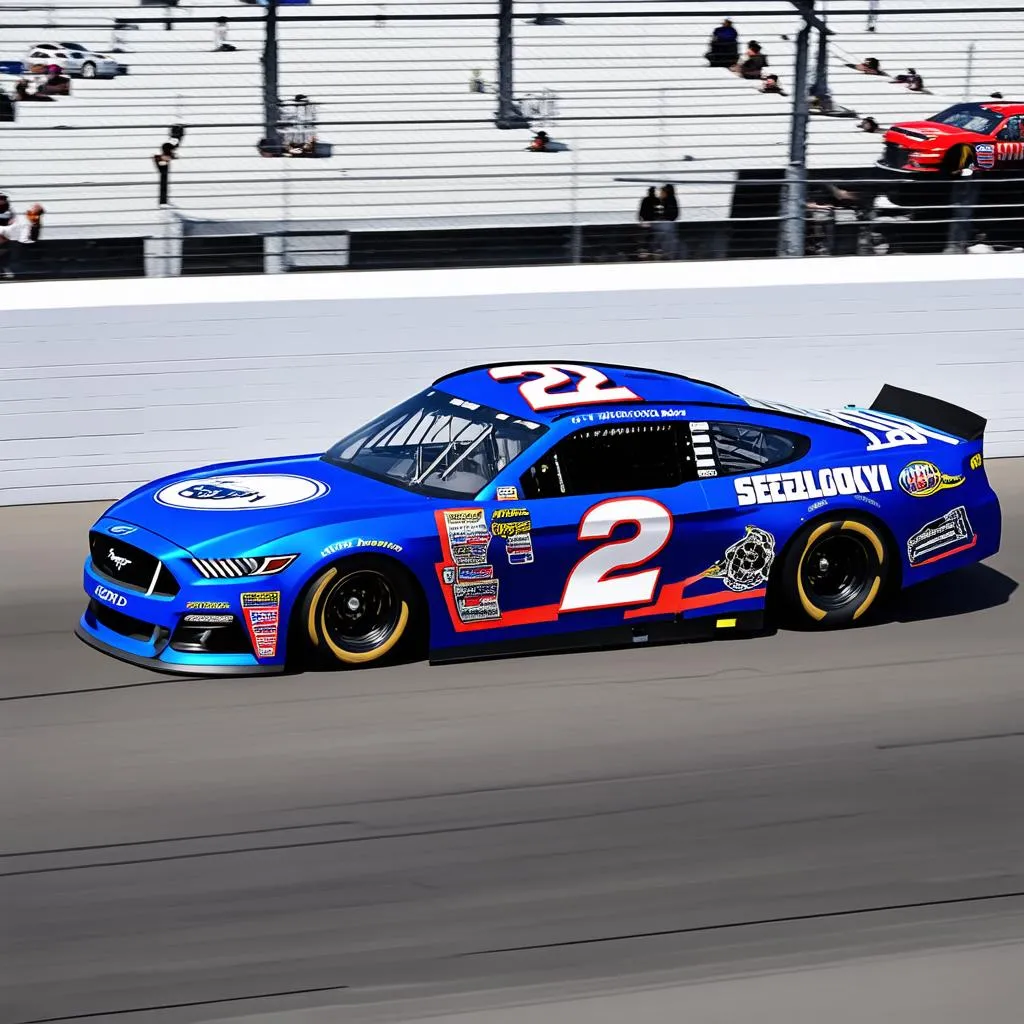 Brad Keselowski's #2 Ford Mustang in action on the track