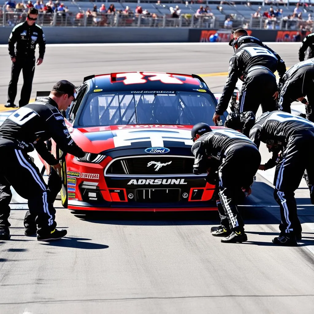 Brad Keselowski's pit crew in action during a race