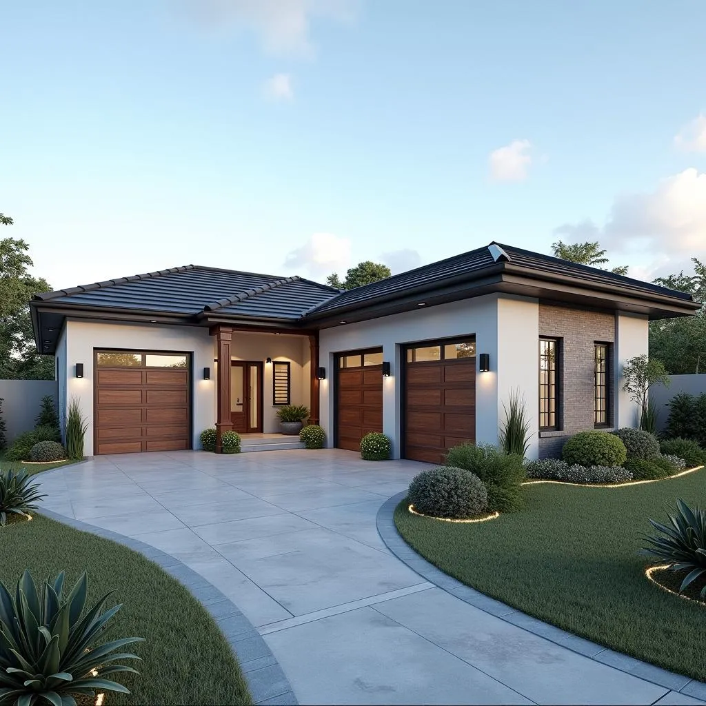 L-shaped home with a 3-car garage, featuring a modern exterior design and landscaped front yard