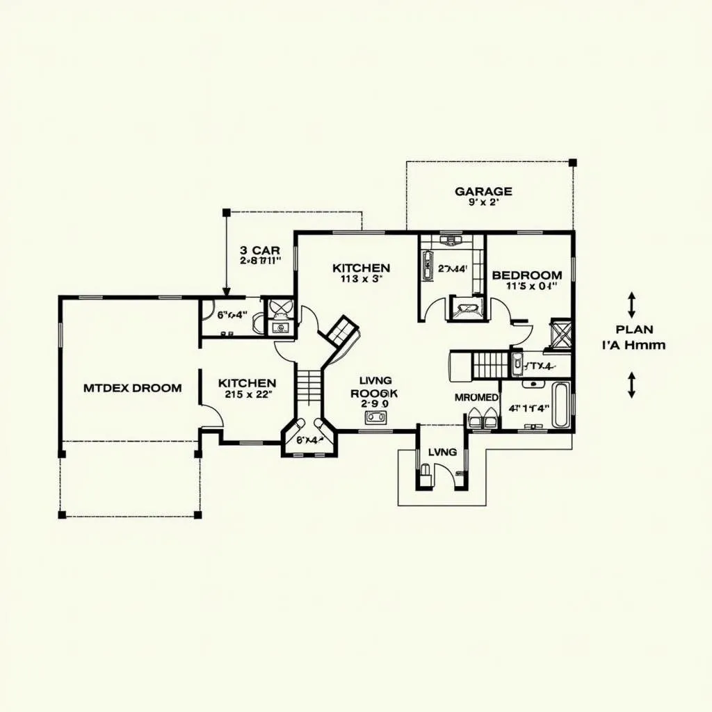 Floor plan of an L-shaped home, showcasing a spacious 3-car garage and well-defined living spaces