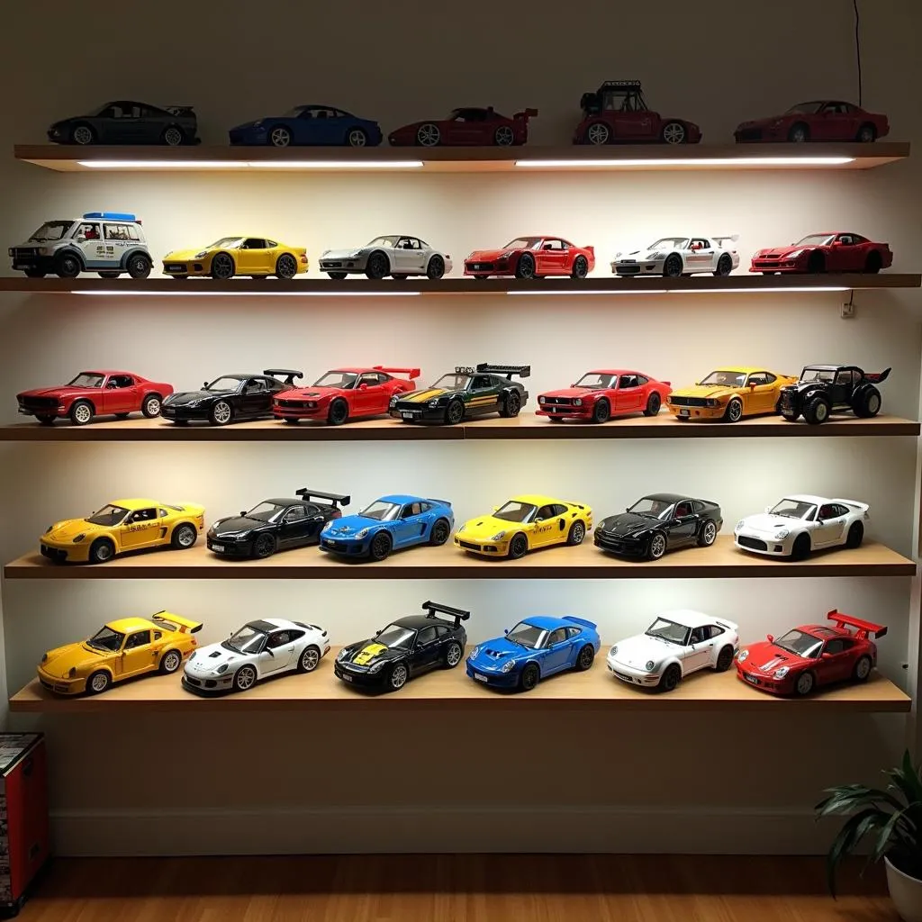 Lego car collection displayed on wall shelves