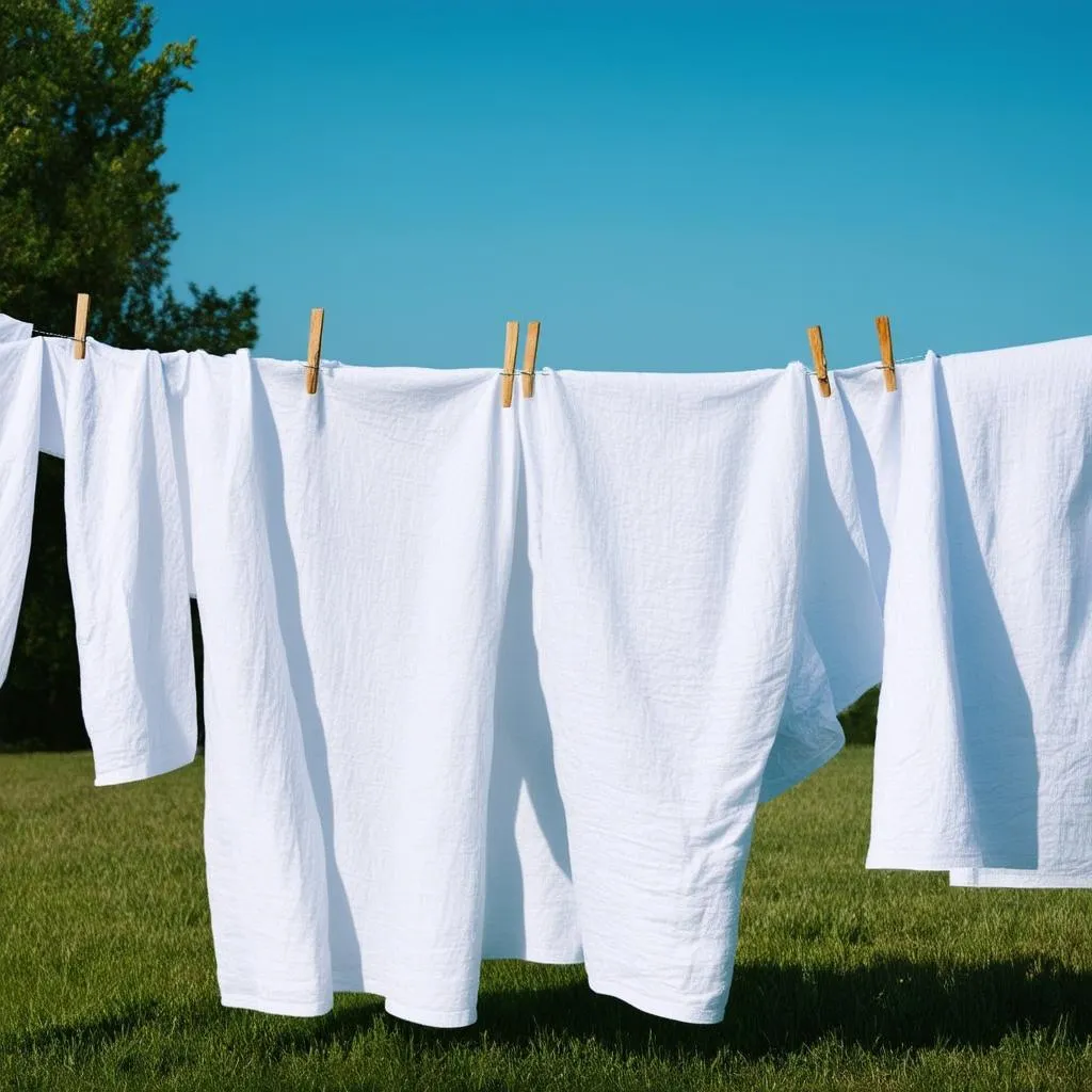 Linen sheets drying on a clothesline