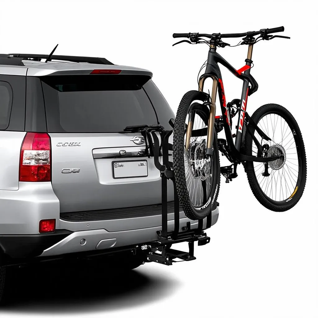 A car with bikes securely locked on a hitch-mounted rack.