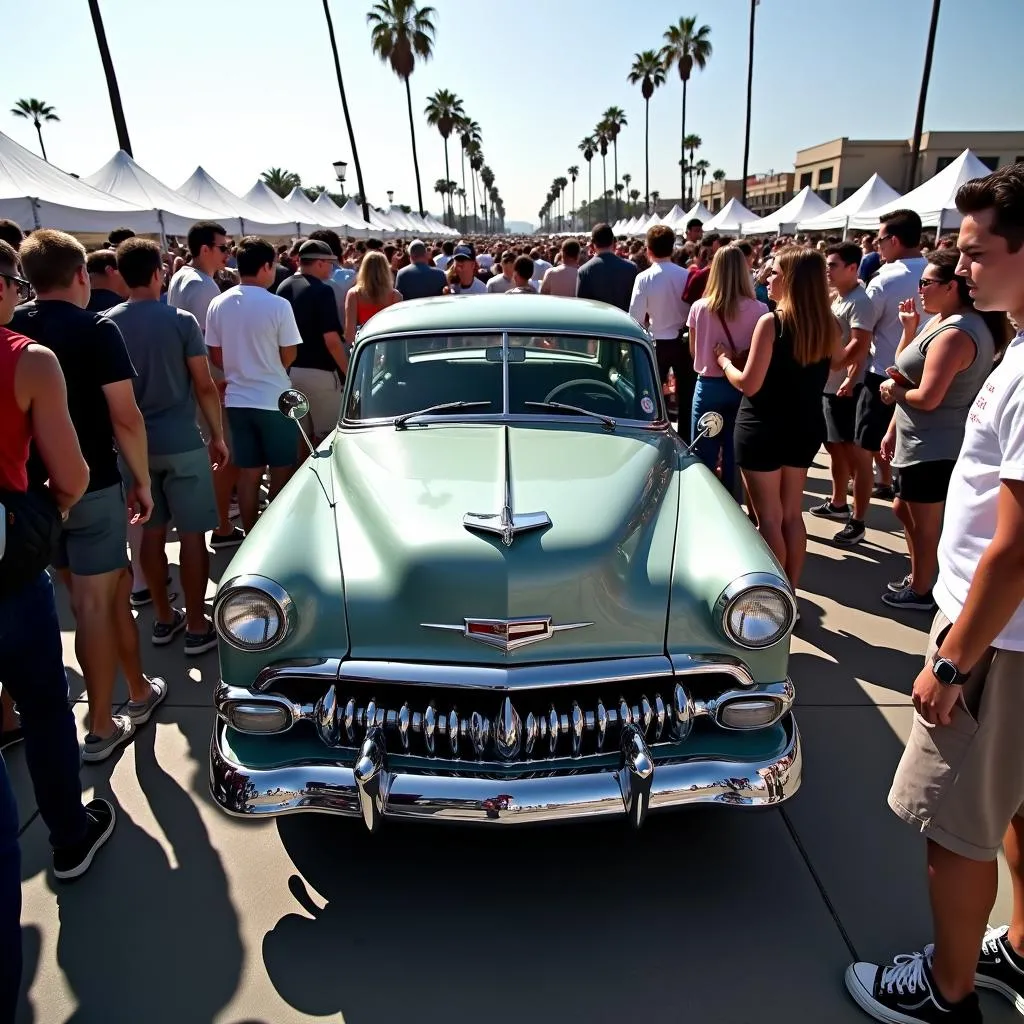 Large crowd admiring a vintage car at a Long Beach car show