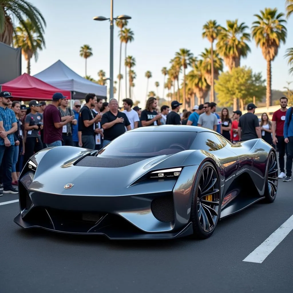 Futuristic concept car on display at a Long Beach car show