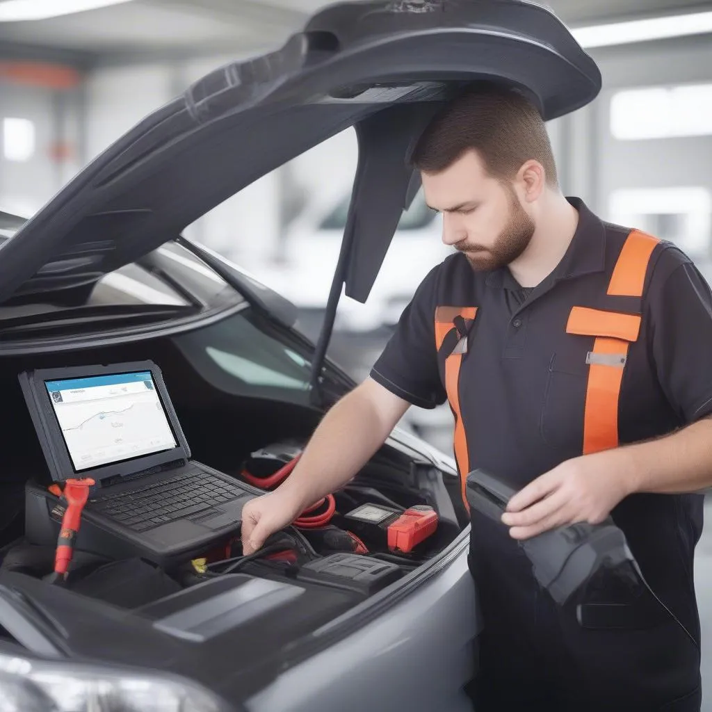 Los Compadres car dealer using a dealer scanner to diagnose a European car