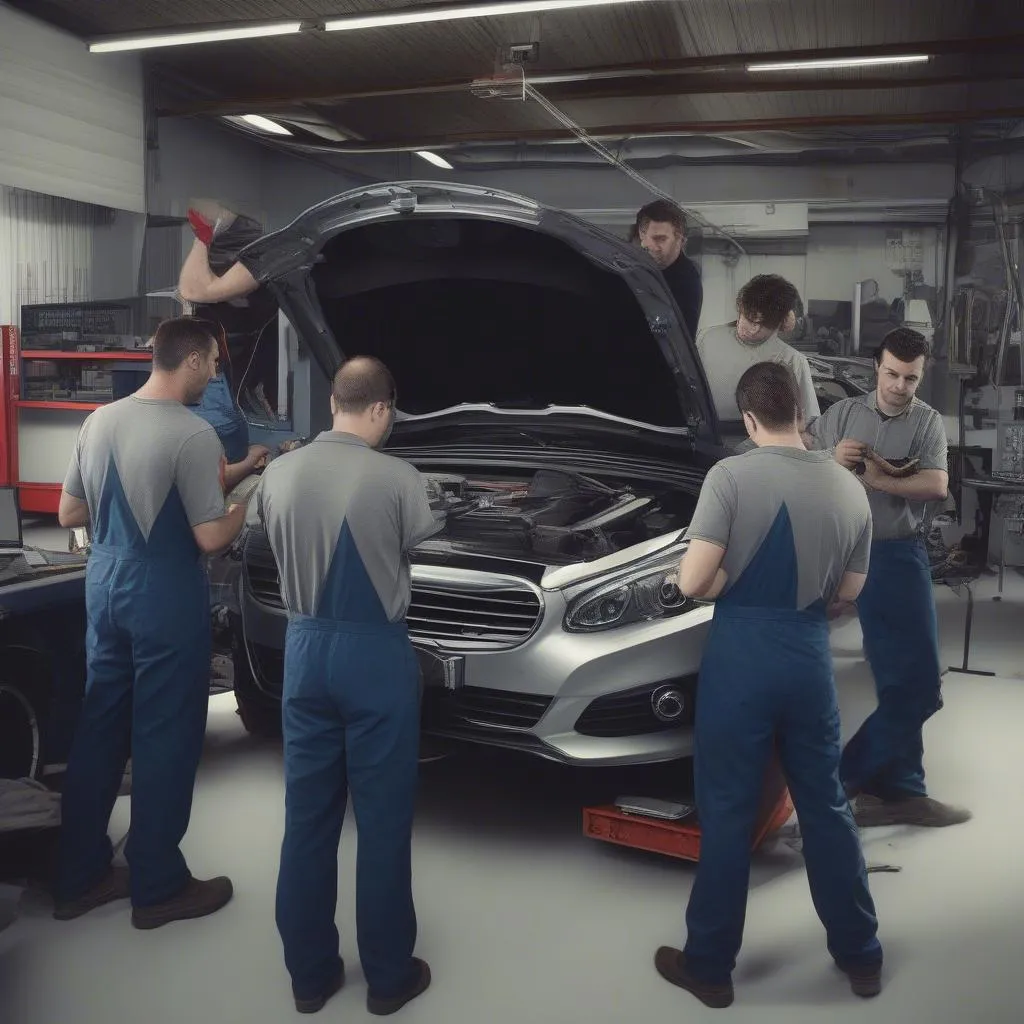 Los Compadres team working together to repair a European car