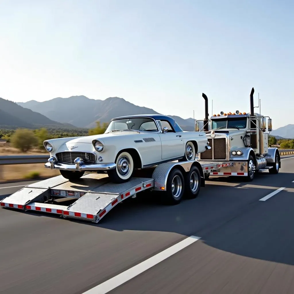 Lowboy car trailer transporting a vintage car