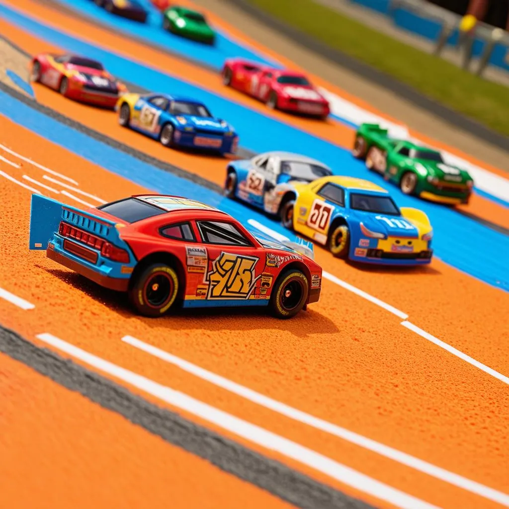 Matchbox cars racing down a track