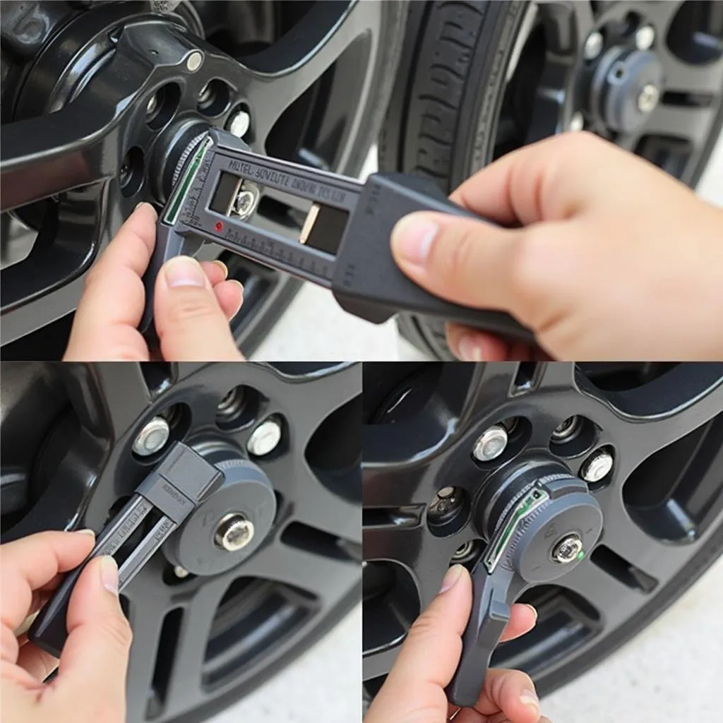 A mechanic uses a caliper to accurately measure the bolt pattern of a BMW wheel.