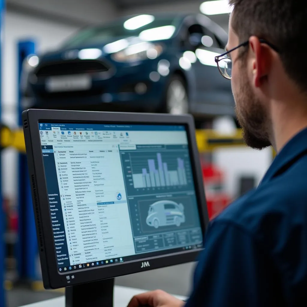 Mechanic Analyzing a Diagnostic Report on a Computer