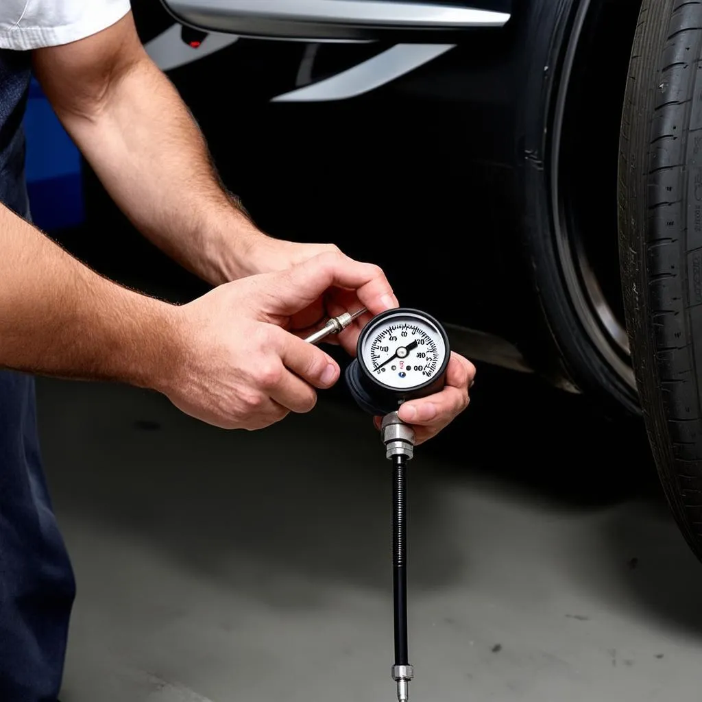 Mechanic inspecting tire pressure on a BMW X1