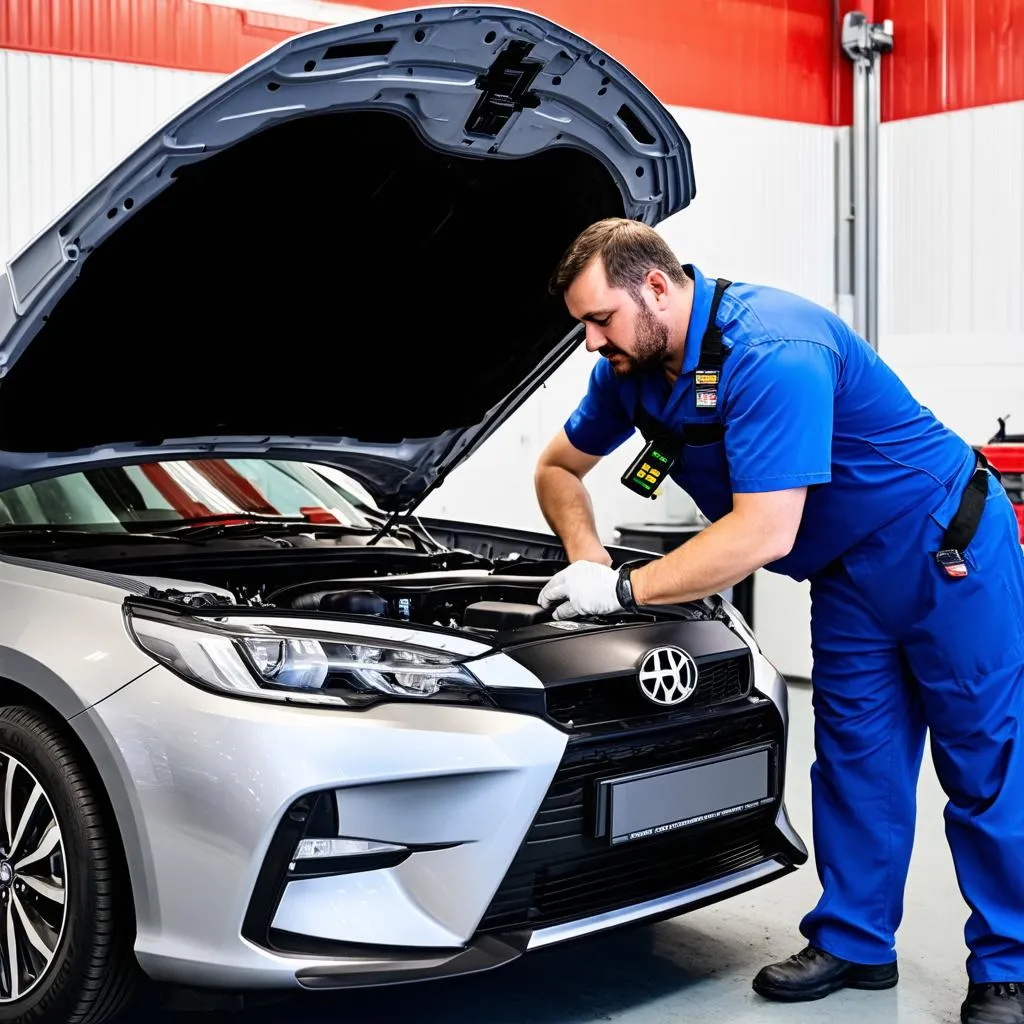 Mechanic checking car engine