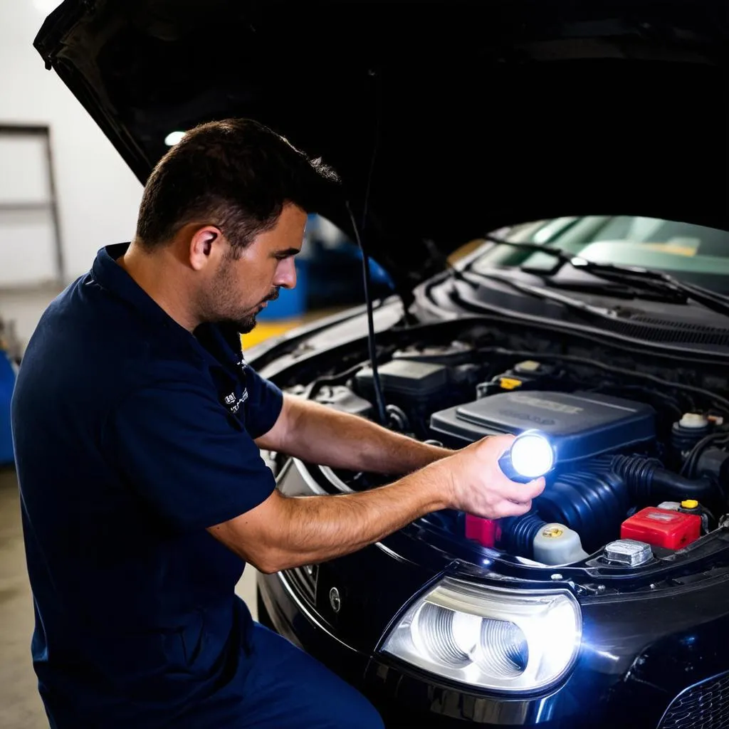 Mechanic inspecting car engine