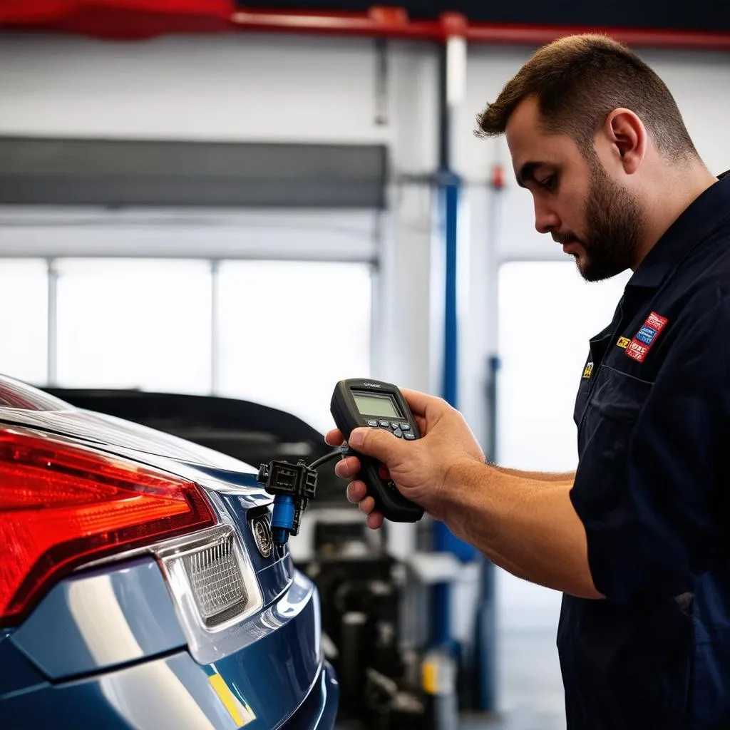 Mechanic Using Diagnostic Tool on Car