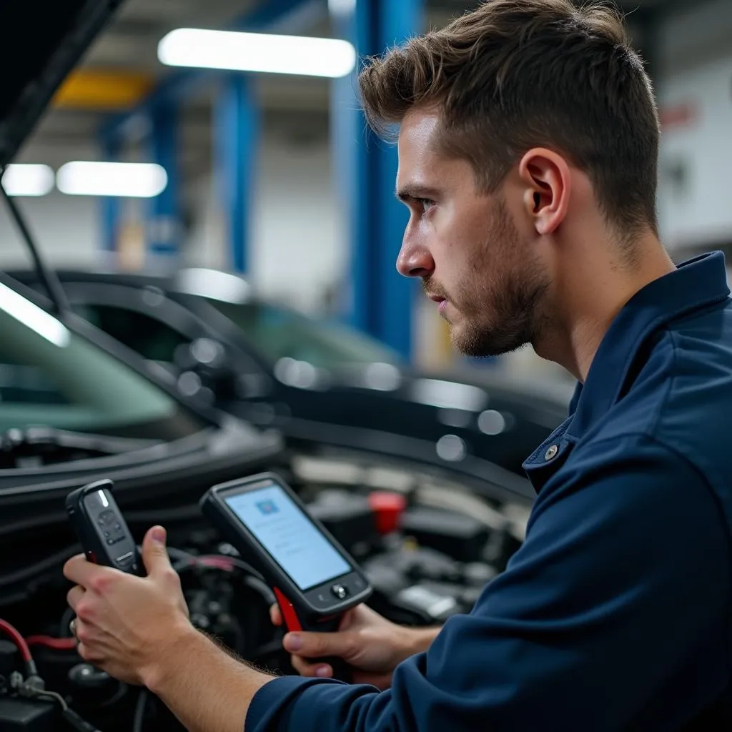 Automotive technician using diagnostic equipment on a car