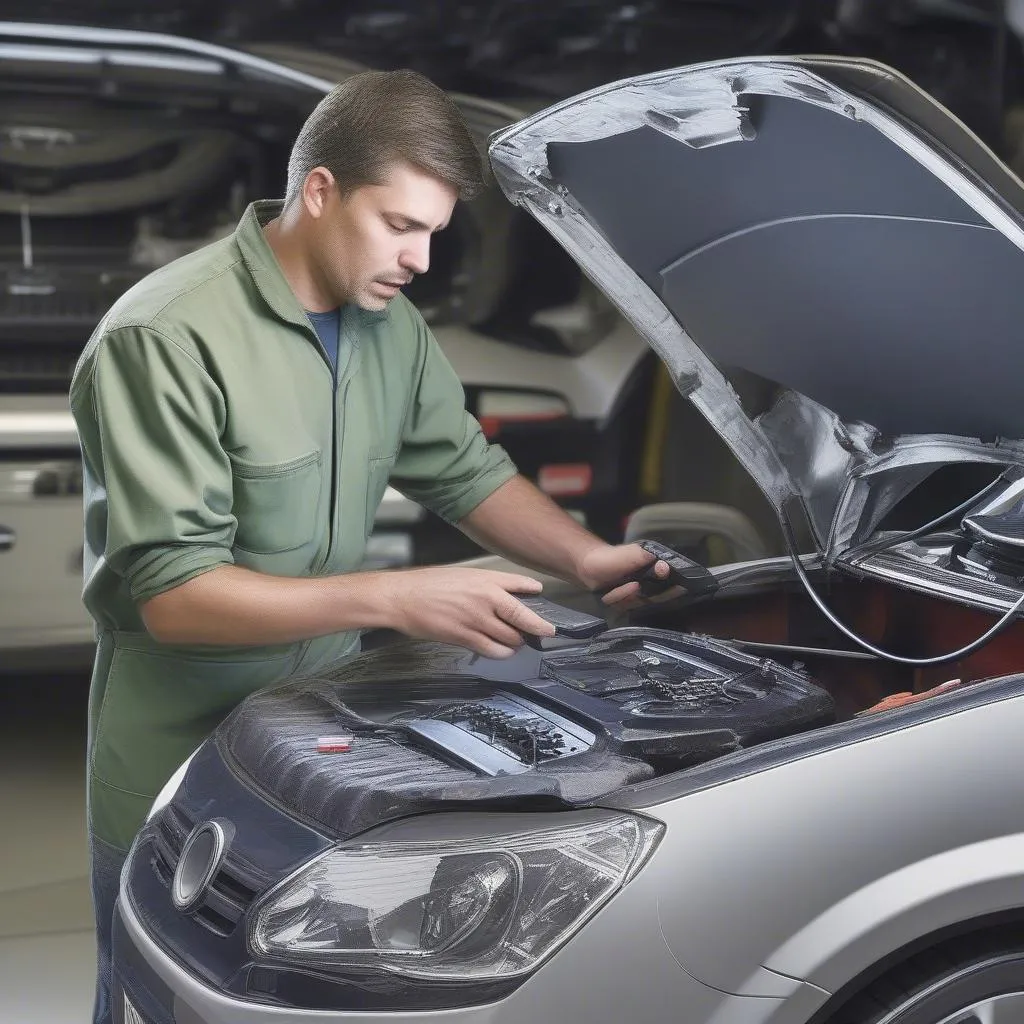 Mechanic using a Dealer Scanner to diagnose electrical issues in a European car