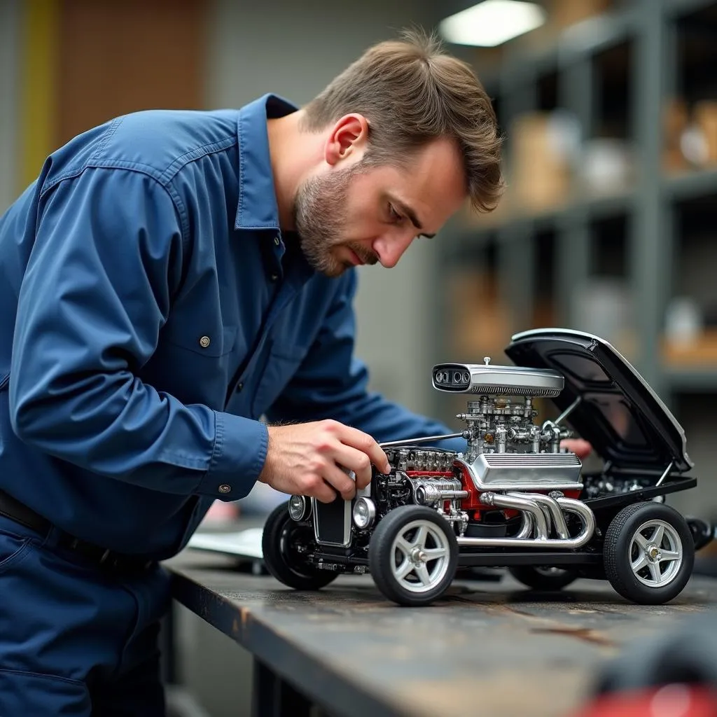 Mechanic Examining Engine of Model Car