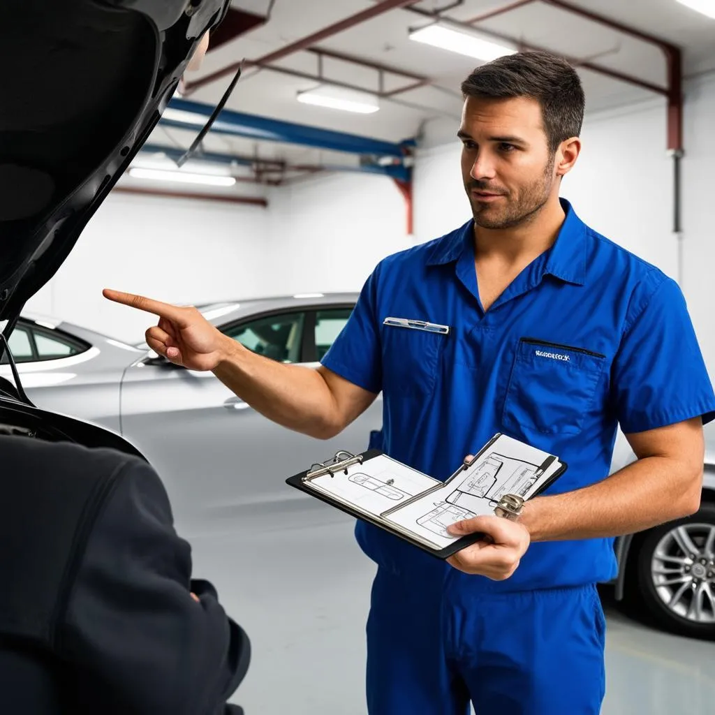 Mechanic explaining car issue to customer