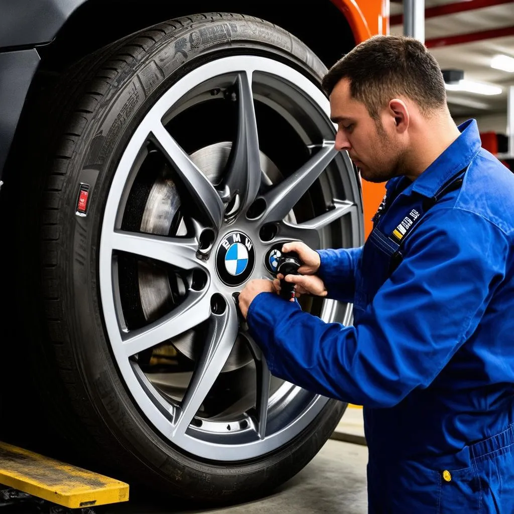 Mechanic inspecting a BMW rim