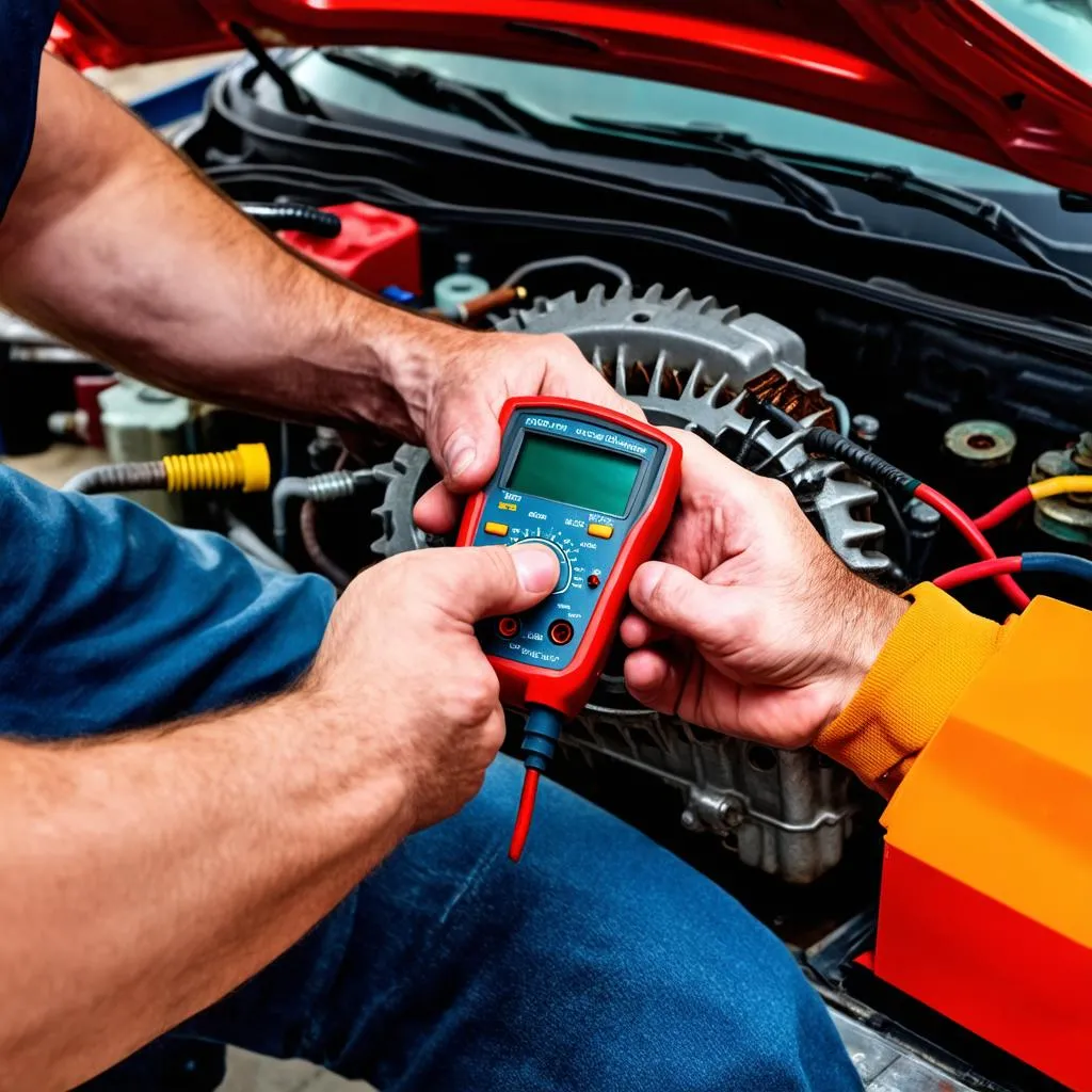 Mechanic inspecting a car alternator