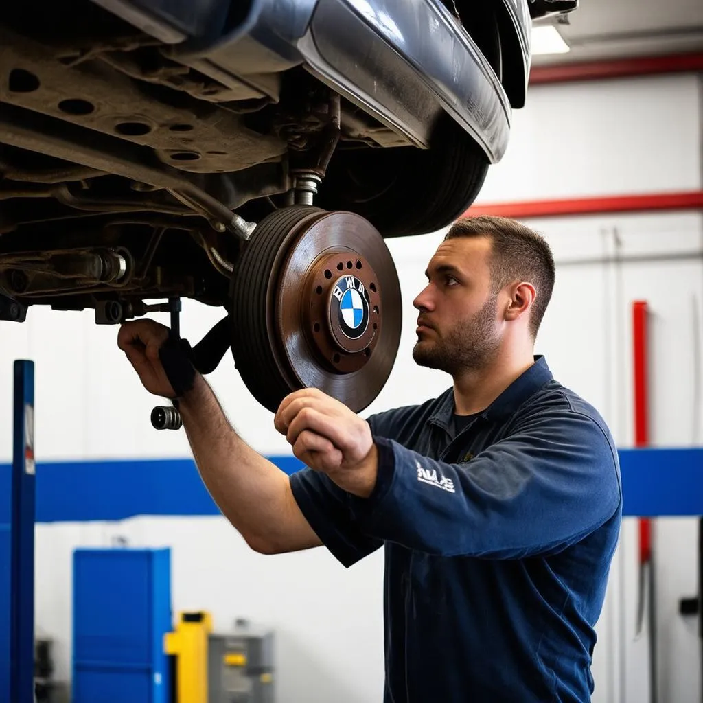 Mechanic Inspecting BMW Brakes