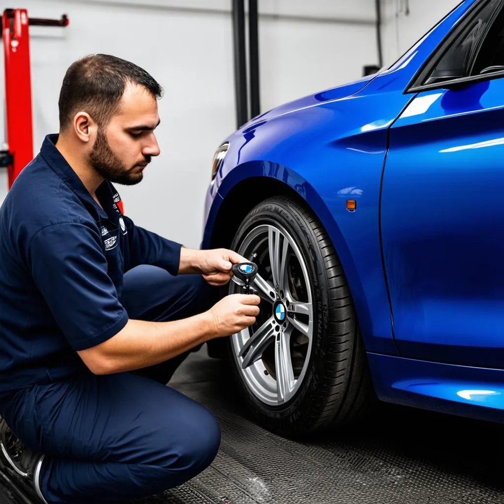 Mechanic Inspecting BMW Tire