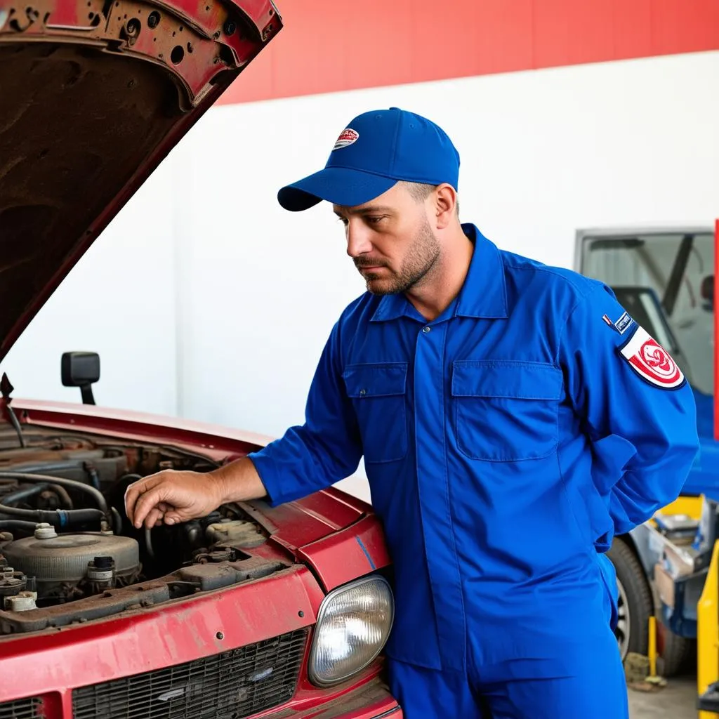 A mechanic inspects the engine of an old car.