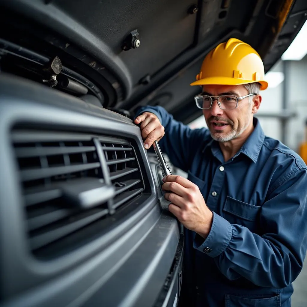 Mechanic Inspecting Car AC System